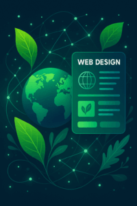 Eco-friendly sustainable web design concept combining green leaves, globe, and digital screens.