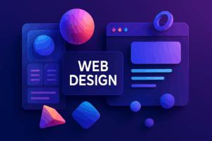 3D abstract interface with vibrant neon gradients and geometric shapes representing futuristic web design.